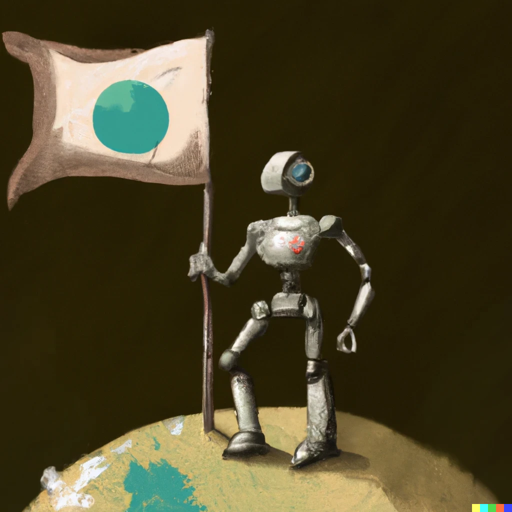 Robot standing on planet holding a flag
